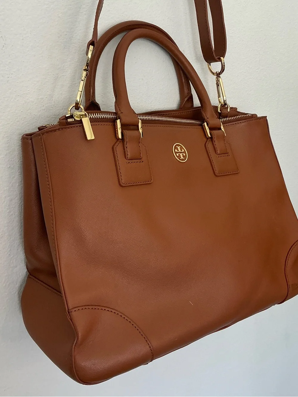 Tory Burch Robinson Double Zip Tote Tan Leather Satchel Crossbody Bag - Picture 2 of 14
